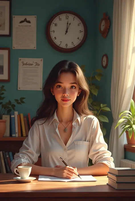 Beautiful image of a girl doing hard studies beside a clock and a cup of tea nd charts on the wall and books around her with smile on her face