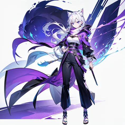 1个Giant Breast Girl，solo，(loli picture)，（（（white color hair））），（flatchest），Delicate face and beautiful eyes，Delicate hair，A particularly long strand of side hair)，(Cat Ear Hood)，One eye is covered by a hood，scarf，(White background 1：：5)，standing painting s...