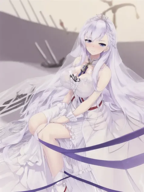 belfast (azur lane),((masterpiece)),(((best quality))),((ultra-detailed)),((illustration)),((disheveled hair)),((frills)),(1 girl),(solo), 1girl, long hair,chinese clothes, pelvic curtain, breast curtain, see-through, blush, sitting, knee up, covered nippl...