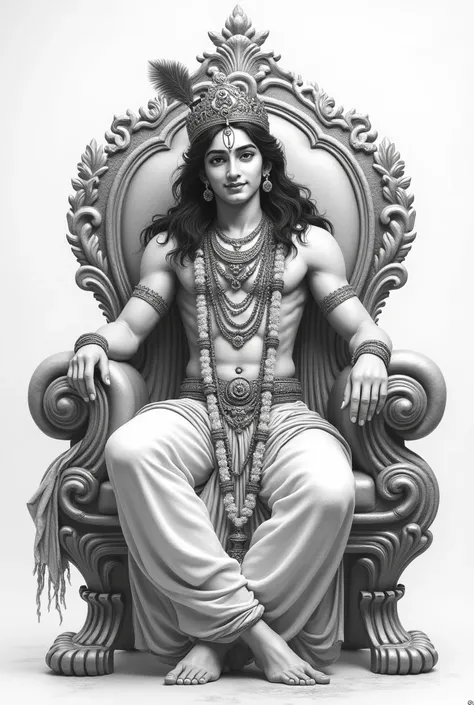 Hindu god Krishna being an age of 22 handsome man sitting on a throne with a crown and a sweet smile pose pencil sketch so kids can paint 