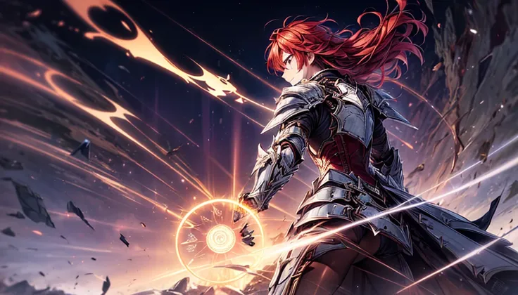 (((Best resolution, Textured skin, high quality, Precise CG unification, game CG))), (1 man), Are standing, fighting, (profile angle:1.4), dynamic angle, fighting, magic circle, red hair, action pose, facing away, silver armor, holy knight, sacred,