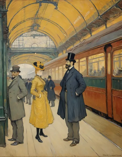 1900s, Train Station by Henry Tolouse Lautrec, oil on canvas, best quality, masterpiece, Representative work, official art, Professional, Ultra intricate detailed, 8k