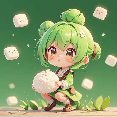 Zunda mochi　Her hair is in a bun and green　Personification　The clothes are white　The background is rice cake
