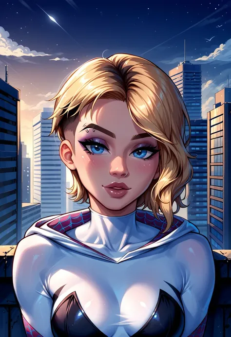 Dark Fantasy Art of score_9, score_8_up, score_7_up, rating_questionable, fantasy, lighting, epiCPhoto 1girl, very sexy short hair Gwen Stacy, Spider Gwen suit, solo, cute, flirt, gaze, sexy look, half-closed eyes, head tilt, filled lips, thick lips, makeu...