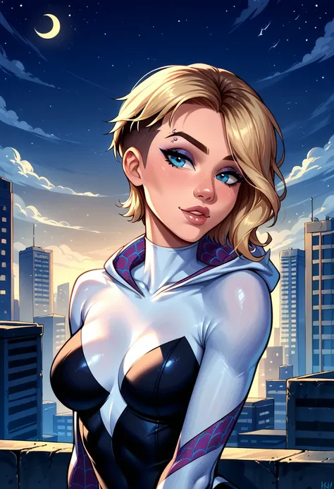 Dark Fantasy Art of score_9, score_8_up, score_7_up, rating_questionable, fantasy, lighting, epiCPhoto 1girl, very sexy short hair Gwen Stacy, Spider Gwen suit, solo, cute, flirt, gaze, sexy look, half-closed eyes, head tilt, filled lips, thick lips, makeu...