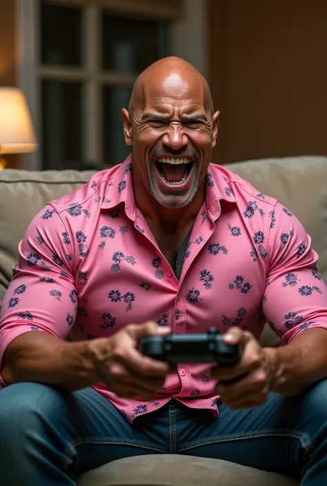 "Dwayne Johnson is sitting casually on a large, plush sofa, gripping a video game controller tightly in his hands. He wears a bright, pink shirt covered with playful floral patterns, which humorously contrasts with his muscular physique. His facial express...