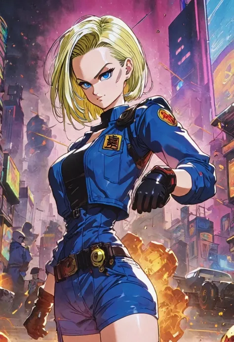 android 18, dragon ball, Cyberpunk uniform, sexy pose, mechanical right arm 