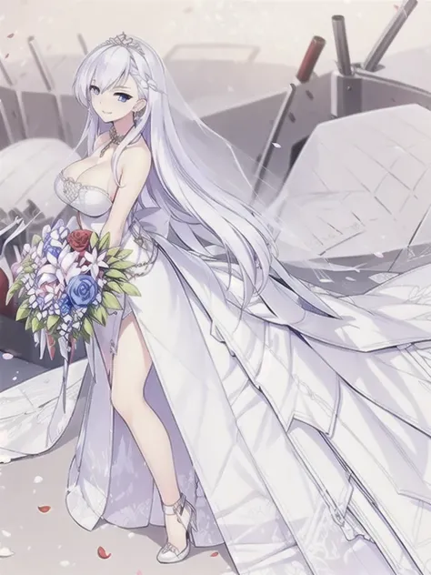 belfast (azur lane),((masterpiece)),(((best quality))),((ultra-detailed)),((illustration)),((disheveled hair)),((frills)),(1 girl),(solo),1girl,bangs,blue sky,blush,bridal veil,cherry blossoms,cloud,cloudy sky,confetti,day,dress,earrings,eyebrows visible t...