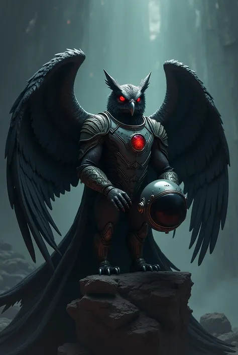 Owl , sitting , king , custom astraunot , wing big black , legend ,  helmet at hand , cyberpunk , dark