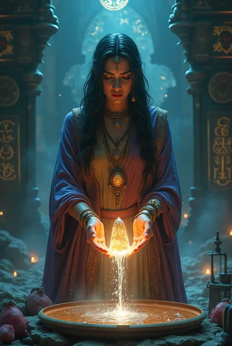 A witch in Indian clothes，They are picking up water drops and doing a ritual on the objects for blessing.，The objects and water in your hands glow brightly，The surrounding space is filled with mysterious spells and symbols。