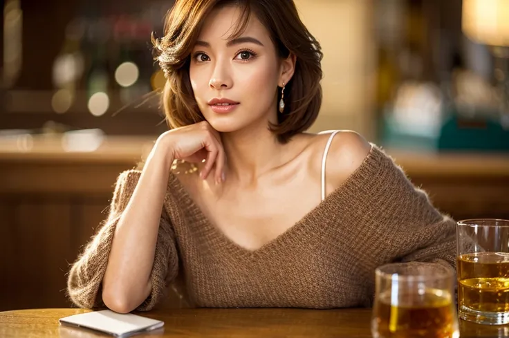 (Realistic, 超Realistic:1.4), 16k hdr, High resolution,Brown short hair,The best smile、Japanese actress,Super Beauty(Like the real thing),Short sleeve dress,Whiskey bottles、The Macallan、Johnnie Walker、、Old Parr、whiskey、Suntory、Nikka、Slim couple、Model Couple...