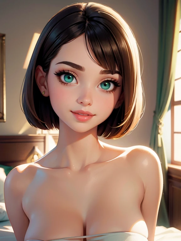 naked、whole body、High resolution, 8K quality, masterpiece, Velma, whole body、Dream Girl Giant , Beautiful Face, Kissing Lips, Short Bob Hairstyles, Long Bangs, Perfect Makeup, Realistic Face, Detailed eyes, Green Eyes, Brunette Hair, eyelash, smile, Bedroo...