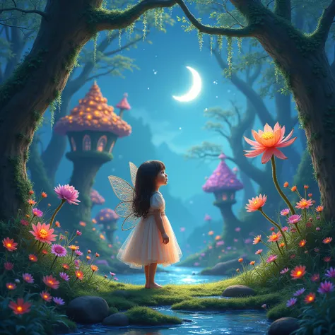 In this mesmerizing fantasy world, a young girl, no more than seven years old, has just stepped into an enchanting fairy realm. Her wide eyes, full of wonder, reflect the soft, iridescent glow of the surroundings as she stands at the threshold of this magi...