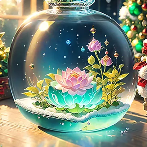 (la best quality,high resolution,very detailed,practical)，jelly lotus，in the room，christmas decoration，surrounded by christmas g...