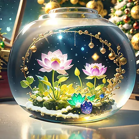 (la best quality,high resolution,very detailed,practical)，jelly lotus，in the room，christmas decoration，surrounded by christmas g...