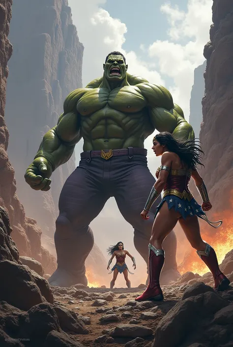 Wonder woman scream with hulk and Thanos without wearing dress
