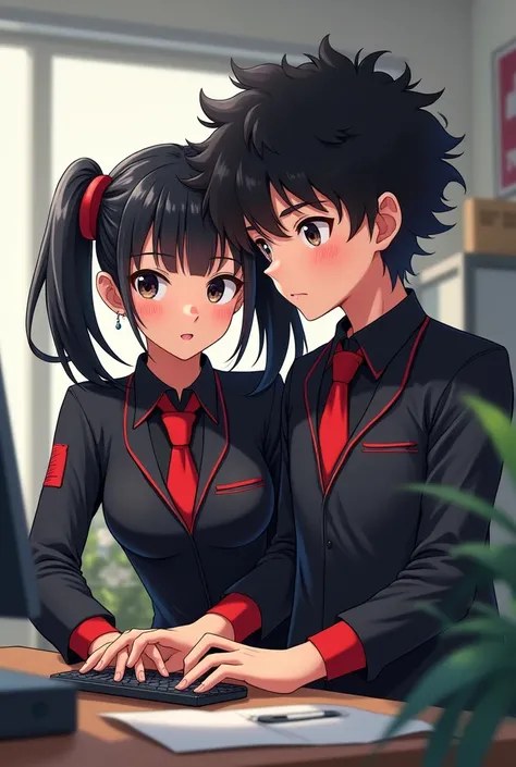 Girl with black pigtails wearing tight work uniform and red tie with boy with black curly hair wearing black uniform red tie working 