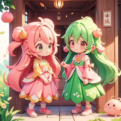 peach　手にpeach　Long pink hair　Pink clothes　Green hair ornament　
