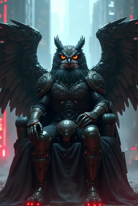 Owl , sitting , king , custom troops  , wing big black , legend ,  helmet at hand , cyberpunk , dark