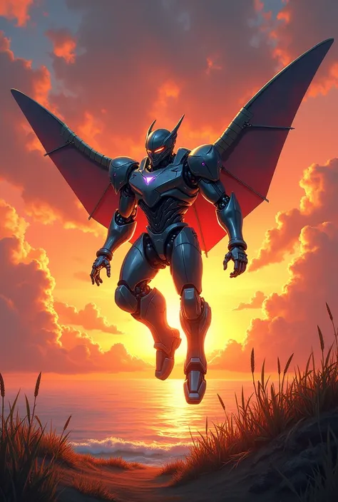 Brave sereis art style, SUNSET TONE on body ,robot transform to manta ray