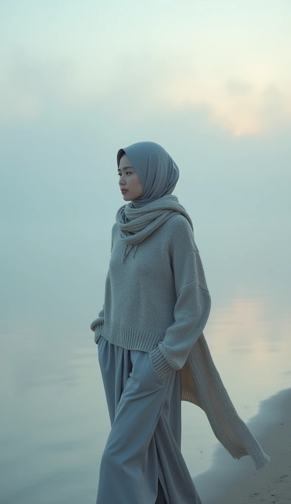 a stunning photography of an asian girl, slim body walking along a misty, deserted beach at dawn. Wearing a muslim clothes, oversized sweater and wrapped in a chunky, knit scarf, a long grey hijab. Soft pastel hues of the sky reflecting off the water, crea...