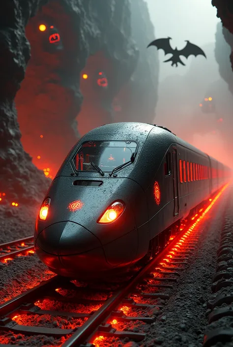 Un train TGV ultra-moderne au design aérodynamique, mais aux couleurs sombres et inquiétantes, fonce à toute allure à travers un paysage de désolation infernale. Sa coque en métal sombre est gravée de symboles mystiques brillants dun rouge incandescent. Le...