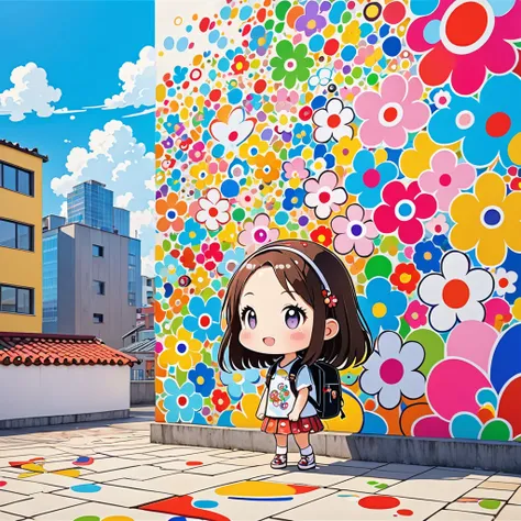 Takashi Murakami style, Standing in front of a high wall，Girl with backpack on rooftop，My backpack is full of happy spring，Simple Line Initialism，Abstract art，Urban Background, (((The most beautiful girl))), (((chibi))), Colorful and cute pillbugs