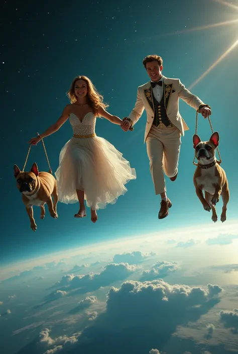 Create images of a royal couple jumping hand in hand from space along with their black French bulldog and their other larger black mixed breed dog towards planet Earth, without any type of safety equipment