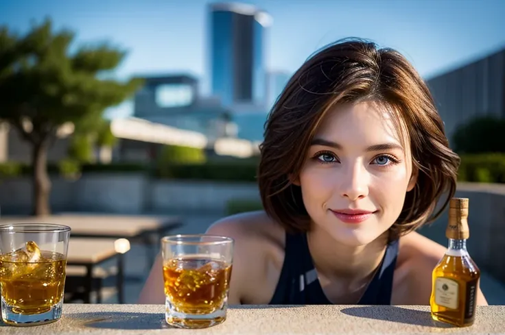 (Realistic, 超Realistic:1.4), 16k hdr, High resolution,Brown short hair,The best smile、Handsome、Japanese actress,Super Beauty(Like the real thing),Short sleeve dress,Whiskey bottles、The Macallan、Johnnie Walker、、Old Parr、whiskey、Suntory、Nikka、Slim couple、Mod...