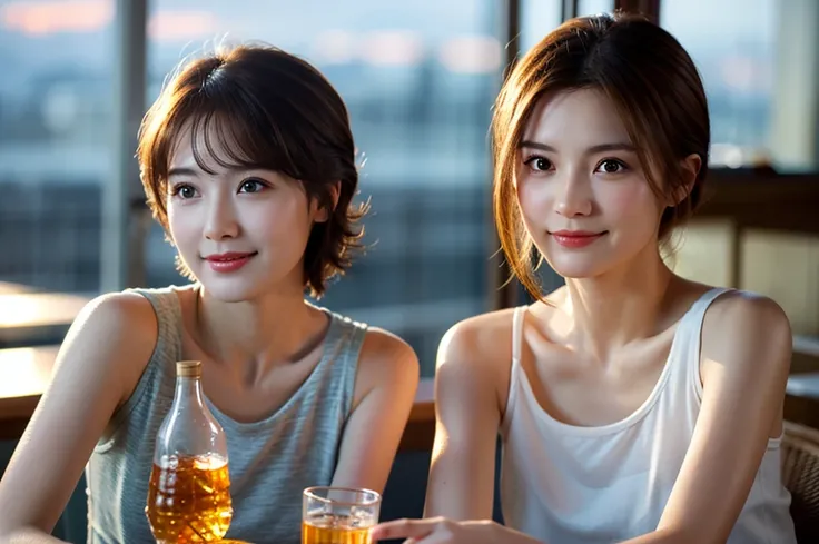 (Realistic, 超Realistic:1.4), 16k hdr, High resolution,Brown short hair,The best smile、good looking、Japanese actress,Super Beauty(Like the real thing),Short sleeve dress,Whiskey bottles、The Macallan、Johnnie Walker、、Old Parr、whiskey、Suntory、Nikka、Slim couple...