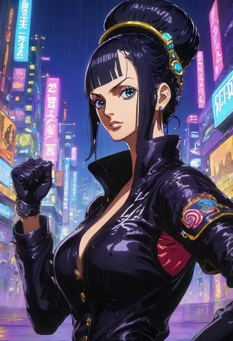 nico robin, one piece, cyberpunk uniform, karate pose, mechanical right arm