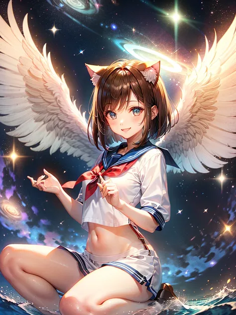 A beautiful smiling girl in a sailor suit,Halo,Cat ear,Brown hair short bob,front,Very beautiful eyes,universe,Milky Way,(((口に指を当てる))),White angel wings on your back,