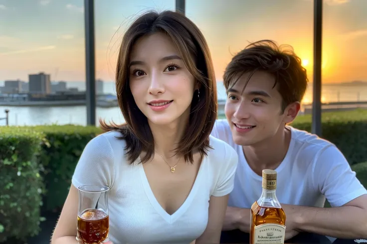 (Realistic, 超Realistic:1.4), 16k hdr, High resolution,Brown short hair,The best smile、good looking、Japanese actress,Super Beauty(Like the real thing),Short sleeve dress,Whiskey bottles、The Macallan、Johnnie Walker、、Old Parr、whiskey、Suntory、Nikka、Slim couple...