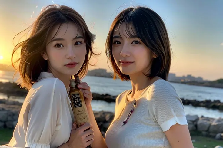 (Realistic, 超Realistic:1.4), 16k hdr, High resolution,Brown short hair,The best smile、good looking、Japanese actress,Super Beauty(Like the real thing),Short sleeve dress,Whiskey bottles、The Macallan、Johnnie Walker、、Old Parr、whiskey、Suntory、Nikka、Slim couple...