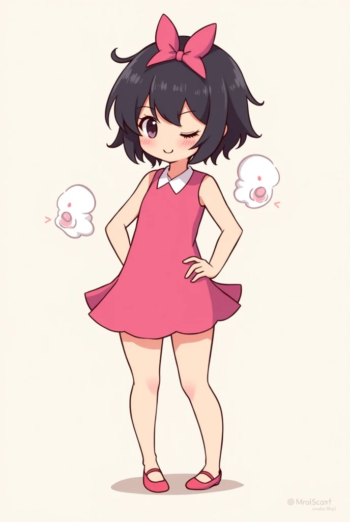 short cute flat-chested girl with very short pink minidress with a pink bow in hair, black hair, sticking her butt out, farting alot.