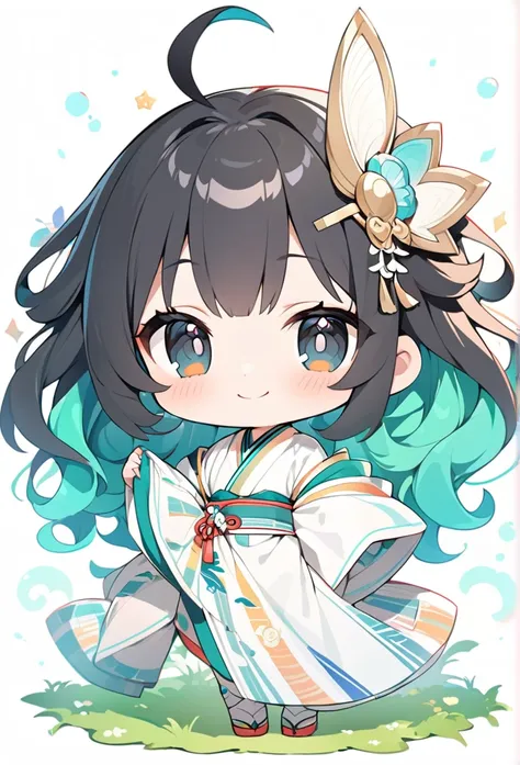 female child, , glad, smiling, looking at viewer, hime cut, ahoge, wavy hair, black hair, black eyes, big eyes, fair skin, chibi...