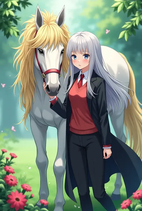 Anime girl with long gray hair and blue eyes wearing a white shirt with a red tie, a red sweater, black pants and a long black coat riding a white horse with yellow hair in the garden and holding the saddle nervously 