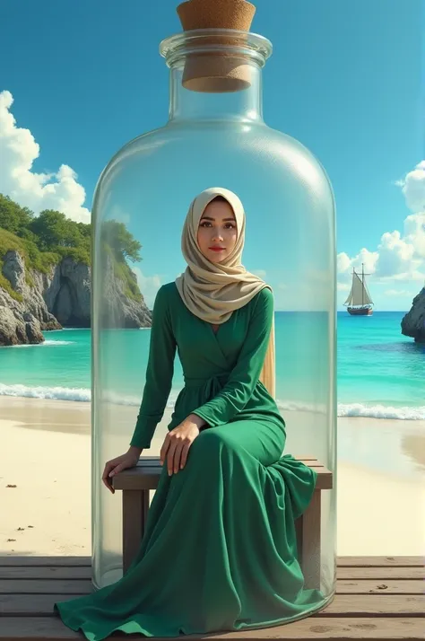 Portrait of a woman wearing a green fancy dress and hijab sitting on a bench inside a bottle with a beautiful beach view,rocky ship,blue sky beach background