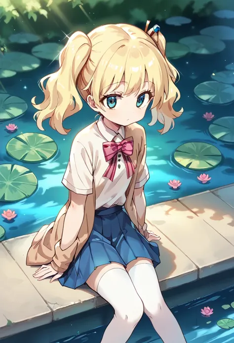 （she looks at the lotus pond and her eyes sparkle with stars.）、(((white collared shirt, cardigan, open cardigan, striped bow, bl...