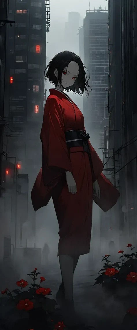 red silk kimono。beautiful in the fog,walking in the fog。black belt。smile。black short hair。forehead, beautiful red eyes。dead skin...