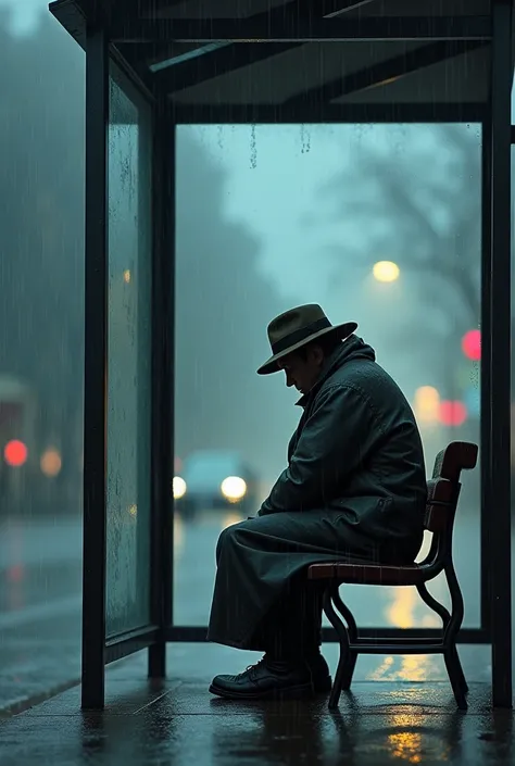 A man is sitting on a bus stop during heavy rain