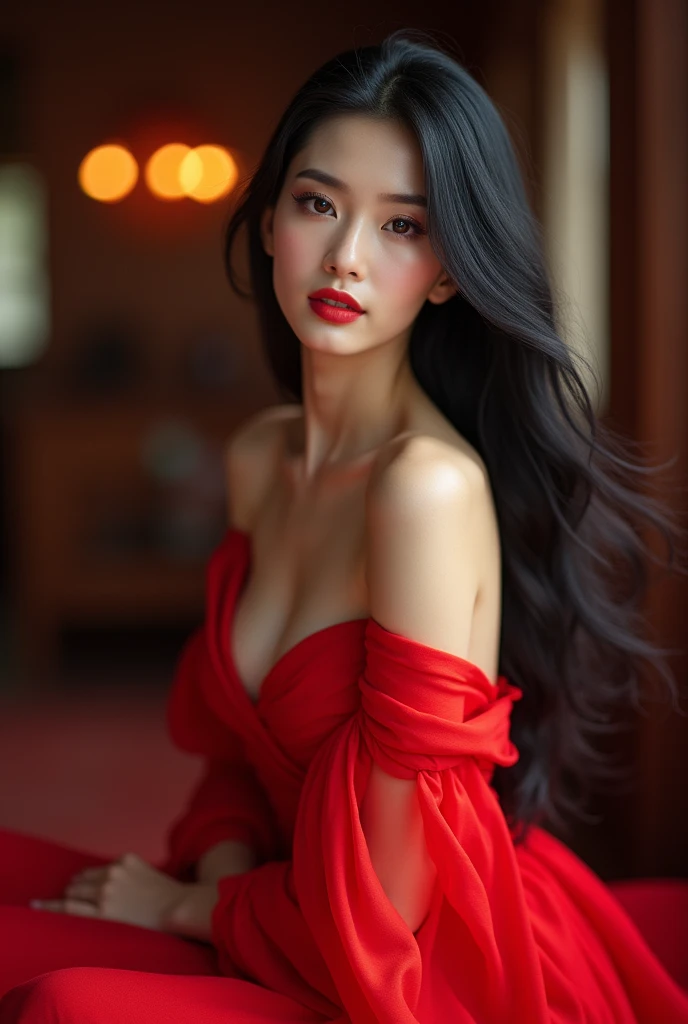 Photo of a sexy Chinese girl wearing a red dress and long hair