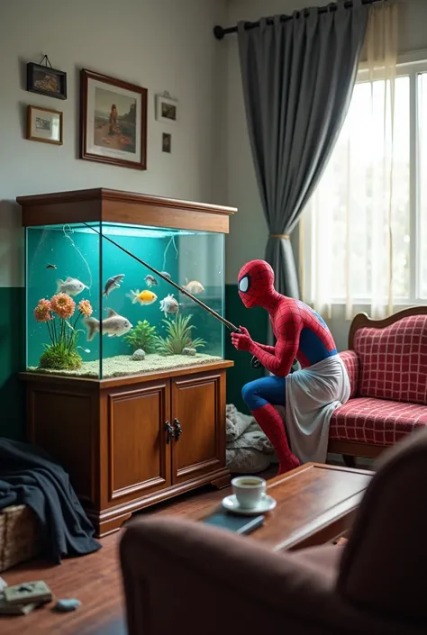 A humorous indoor scene where Spiderman is crouched on a wooden sofa with a red cushion, facing an aquarium, wear white checked sarong, using a fishing rod and reel to fish in an open on top aquarium with various big fish inside placed in front of him  on ...