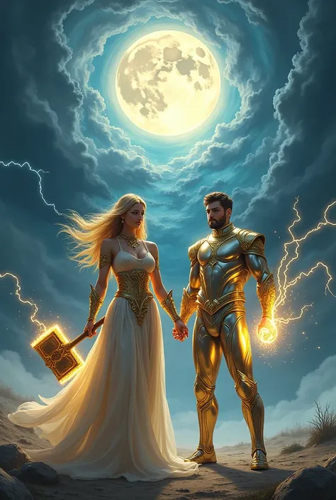 A goddess of thunder, clad in golden armor, wields a crystal hammer, her long blonde hair flowing in the wind. Her partner, a fierce lightning warrior, stands at her side in a glowing silver suit, lightning crackling from his hands. Together, they stand be...