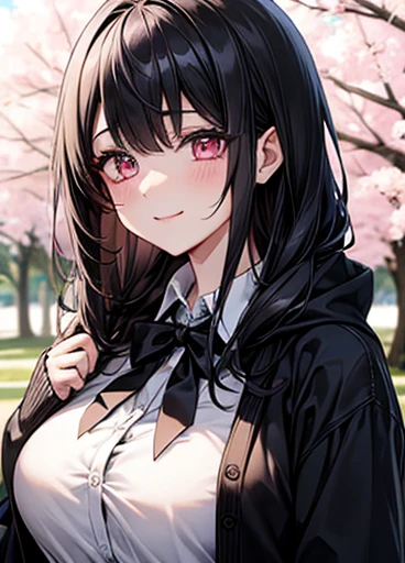 long髪、Pink Eyes、White blouse、Big Breasts、Black tie、Black cardigan、cute、high resolution、{girl}{Black Hairlong}{high resolution}、smile、high school student、high resolution、Above chest camera、Big Breasts{high resolution、8k}、{Face close-up}{Beautiful bright}{Dr...