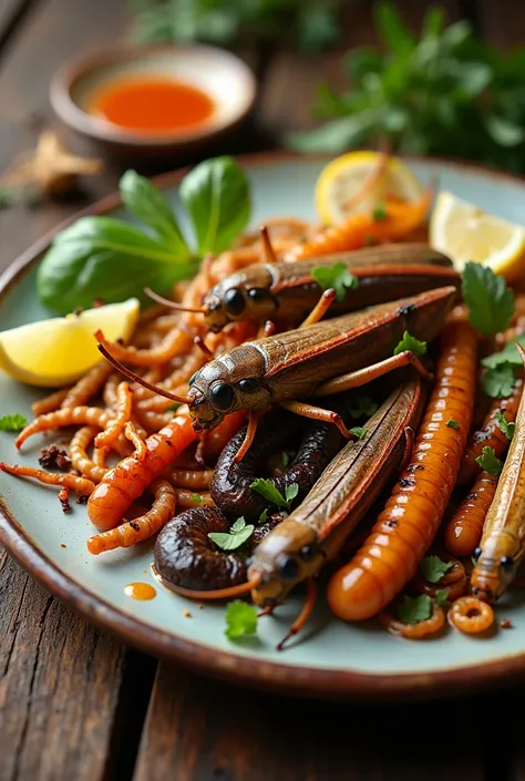 A plate with grilled insects as a side dish. 