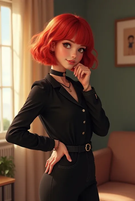 She wears a black outfit with a crop top and a pleated skirt., , ella posa standing con una mano en la cintura y la otra cerca de la cara. Her short wavy red hair and bangs add a vibrant touch, mientras que el ambiente interior con Soft lighting crea un eq...