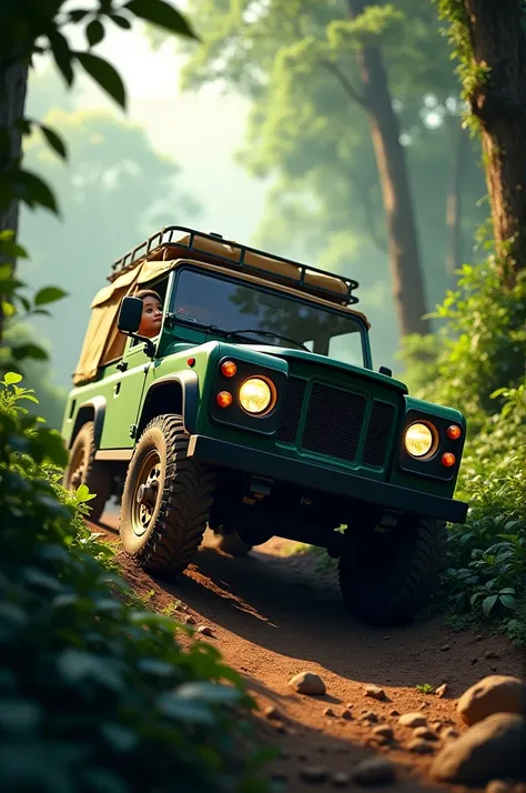 Pic of jungle safari jeep in an incline camera angle and one person sitting on it and put their head ouside from the window  