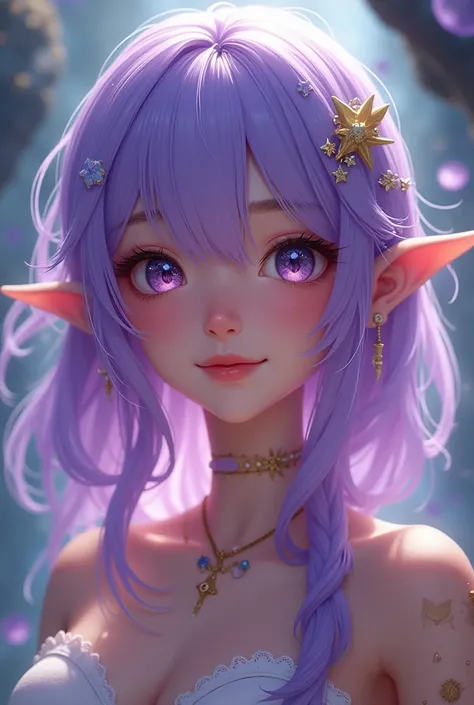 Create a fantasy female protagonist character, The female protagonist has lavender hair., The eyes, nose, mouth, and facial features are clear and there is a bright smile