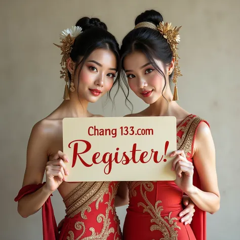 PG SLOT >> [chang123th.com] Direct web, upper body, two beautiful Thai women holding a sign "CHANG123 REGIST NOW" , wearing thailand traditional dress